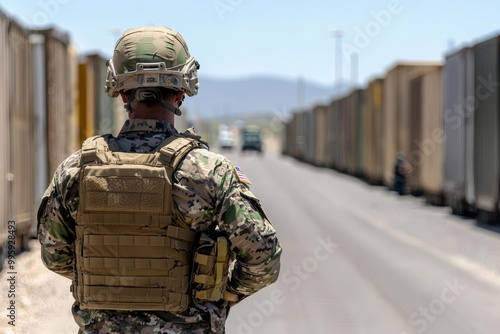 Soldier standing on a road, observing military transport in a desert environment.