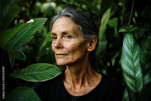 A serene portrait of an older woman surrounded by lush green foliage, her gaze relaxed and calm, highlighting the connection between humans and nature in vivid detail. photo