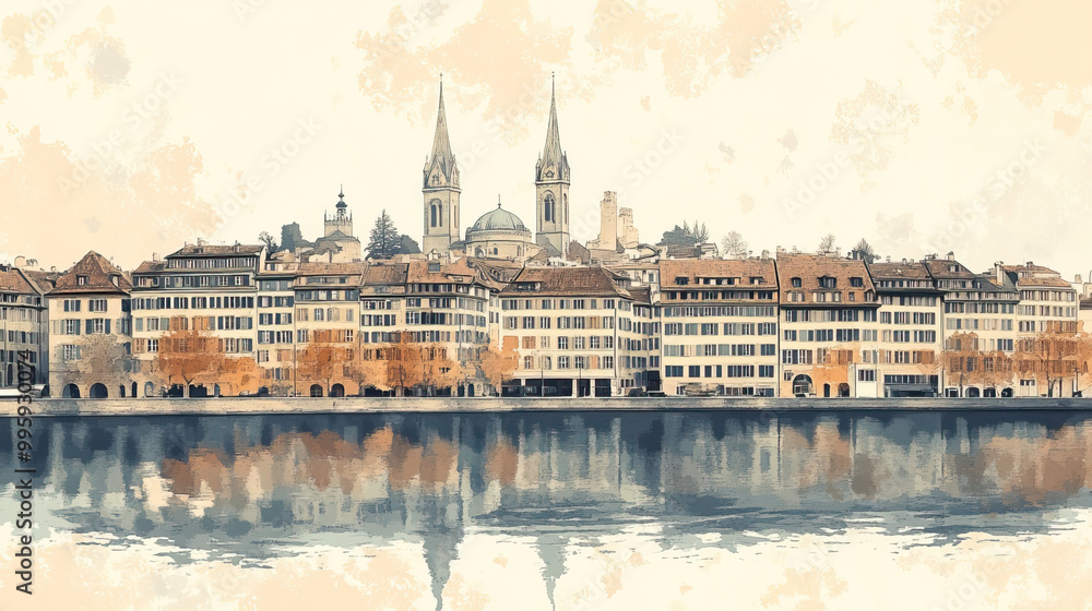Fototapeta premium Zurich, color pen pencil hand-drawn effect drawing illustration for travel poster, card, wallpaper, backdrop or banner. Modern, clear, artistic and simple