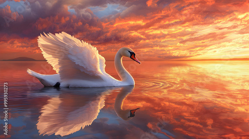 Fototapeta Naklejka Na Ścianę i Meble -  Graceful swan gliding across a calm lake at sunset