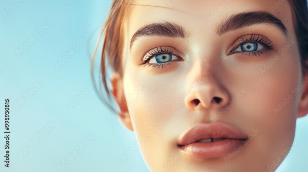 Close-up Portrait of Young Woman with Clear Blue Eyes Against Sky Background Close-up Portrait of Young Woman with Clear Blue Eyes Against Sky Background
