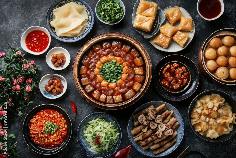 chinese traditional food on dark background, top view, banner with generative ai chinese traditional food on dark background, top view, banner with generative ai