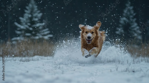 A dog bounding through deep snow in an open field, with snowflakes clinging to its fur and pine trees lining the background. photo