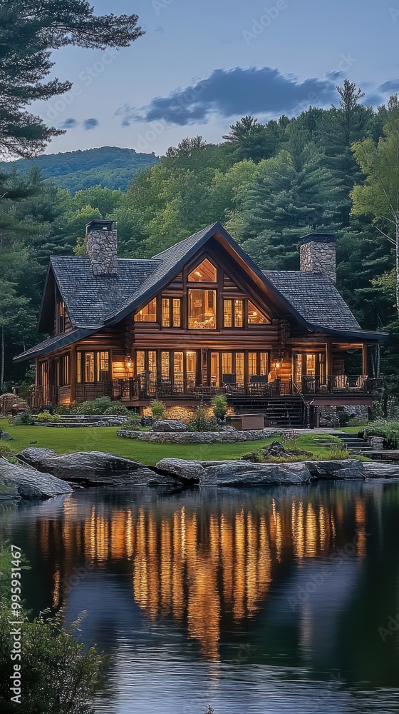 Fototapeta premium Cozy Log Cabin Perched on Water's Edge
