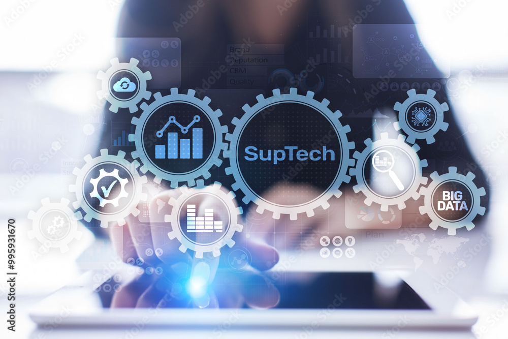 Suptech Regtech Supervisory Regulation technology concept on virtual screen. Suptech Regtech Supervisory Regulation technology concept on virtual screen.