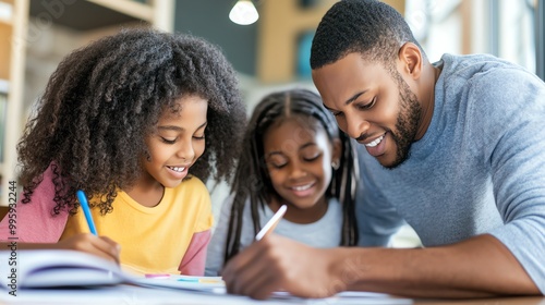 A father helps his daughters with their homework,  showing a loving and supportive relationship.