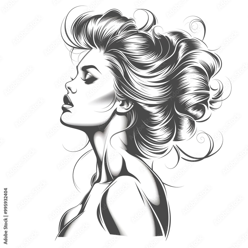 A woman with long hair is depicted in a black and white drawing. The drawing captures the essence of the woman's beauty and elegance, with her hair flowing in the wind A woman with long hair is depicted in a black and white drawing. The drawing captures the essence of the woman's beauty and elegance, with her hair flowing in the wind