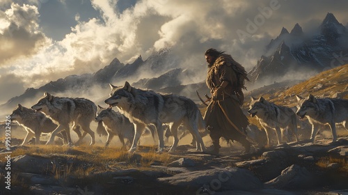 12. A savage beast tamer training a pack of wolves in a rugged landscape photo