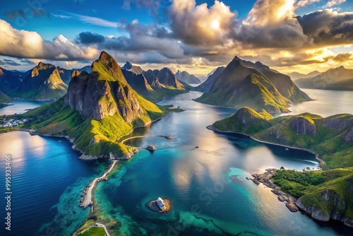 A breathtaking aerial view showcases majestic mountain peaks piercing the sky above crystal blue waters that curve around a sun-kissed peninsula's rugged shores.