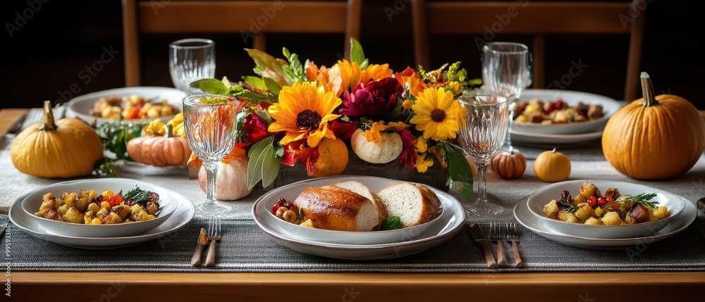 Cozy Holiday Feast with Fresh Flowers on a Meticulously Set Table Cozy Holiday Feast with Fresh Flowers on a Meticulously Set Table