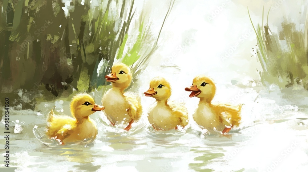 Four Yellow Ducklings Swimming in a Calm Stream Four Yellow Ducklings Swimming in a Calm Stream