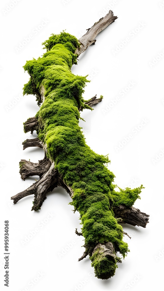 Naklejka premium Rotten Wooden Branch Covered with Green Moss Isolated on White Background