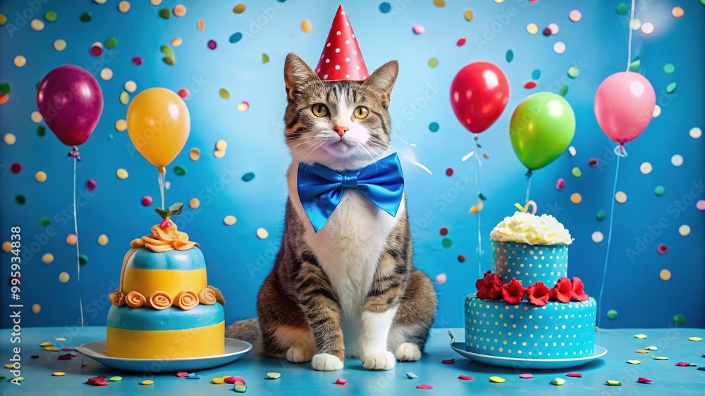 Fototapeta premium A cat in a colorful party hat and bow tie sits atop a bright blue cake with candles.