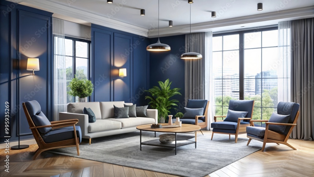 Fototapeta premium Modern living room interior with blue walls and wooden furniture featuring a large window with a view of the city