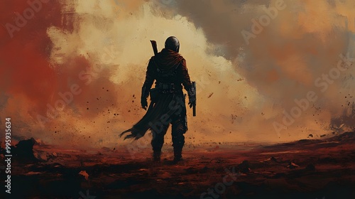 14. A battle-hardened mercenary standing resolutely in a desolate wasteland photo