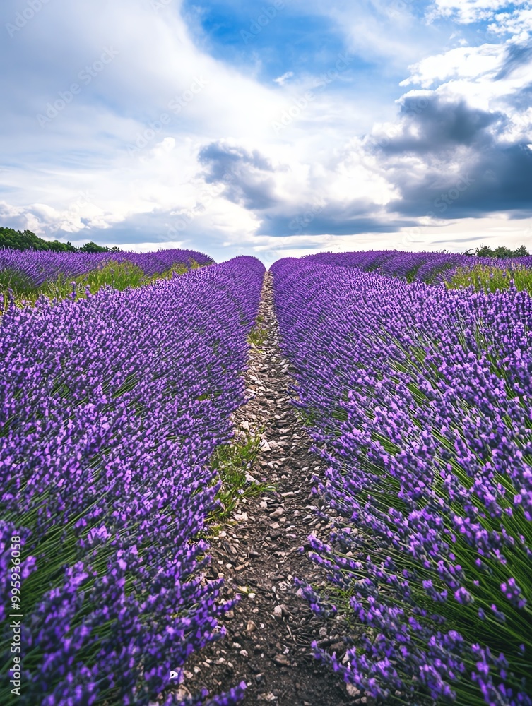 Fototapeta premium A serene lavender field under a cloudy sky, showcasing rows of vibrant purple flowers, perfect for relaxation and nature themes.