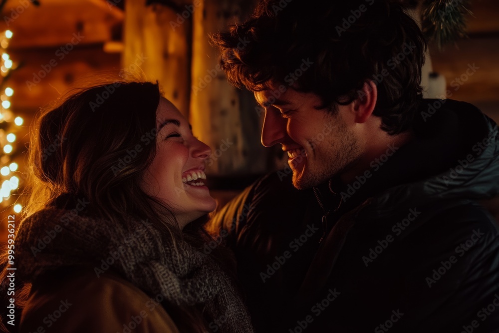 A joyful couple shares a warm embrace in a cozy cabin. Their laughter fills the air with happiness. This image captures love and connection beautifully. Generative AI A joyful couple shares a warm embrace in a cozy cabin. Their laughter fills the air with happiness. This image captures love and connection beautifully. Generative AI
