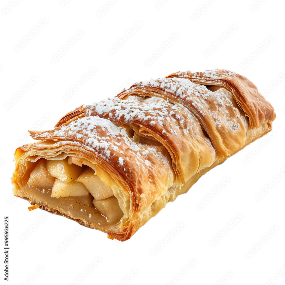 Freshly baked apple strudel sprinkled with powdered sugar is lying on white background Freshly baked apple strudel sprinkled with powdered sugar is lying on white background