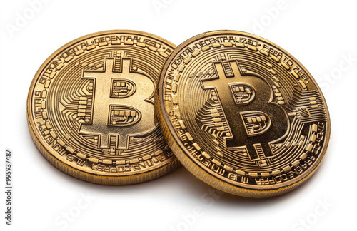 Two golden bitcoin isolated on white background, Closeup shot. Created with Ai