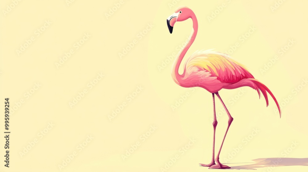 Fototapeta premium A cartoon flamingo standing on one leg, isolated on a soft pastel yellow background