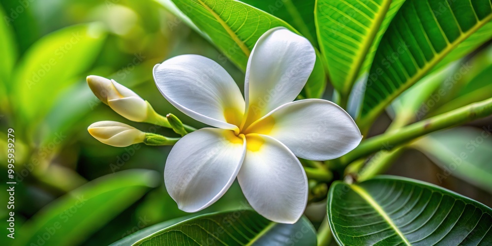 Obraz premium A delicate white pikake flower blooms before us, its soft petals unfolding like silk, while green leaves provide a lush backdrop for its sweet fragrance.