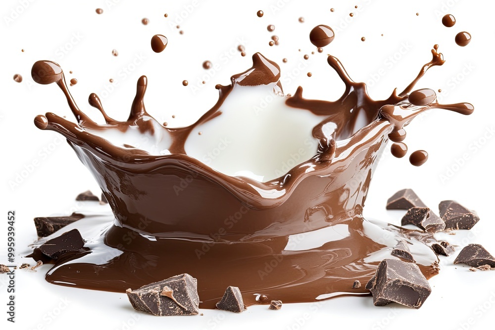 Fototapeta premium Chocolate and milk splash. Chocolate splash closeup isolated on white background with clipping path with generative ai