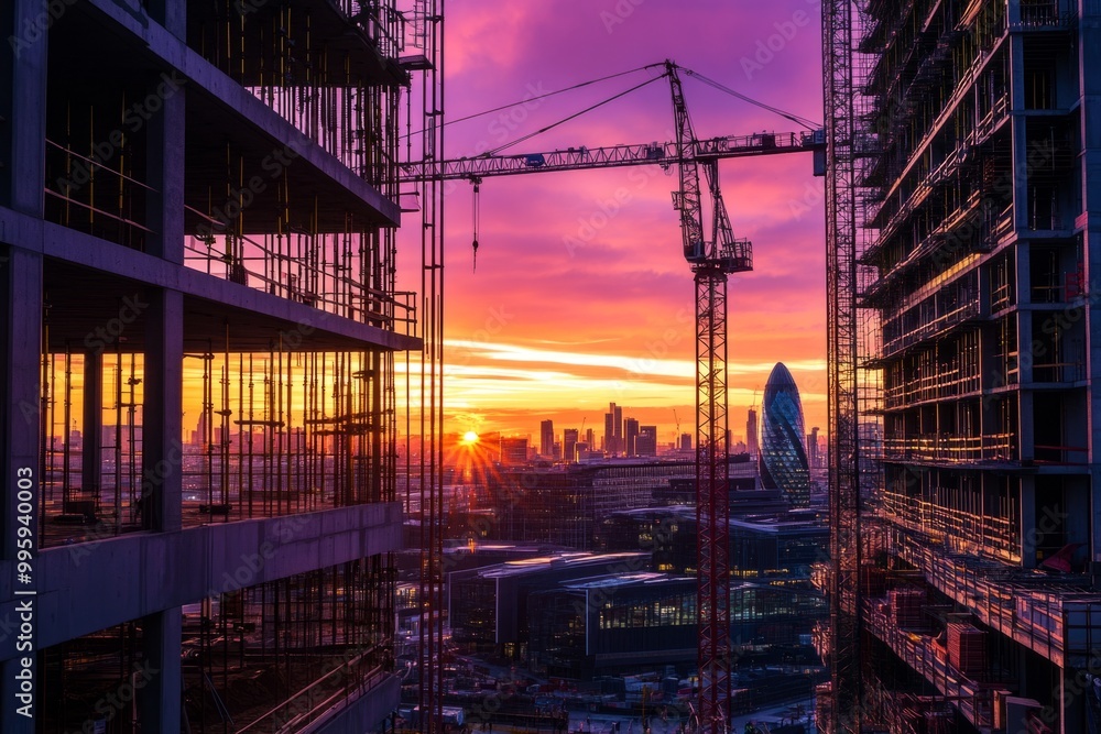 A stunning construction scene with a beautiful sunset. Tall cranes outline the skyline, highlighting the urban development. Nature meets architecture in harmony. Generative AI. A stunning construction scene with a beautiful sunset. Tall cranes outline the skyline, highlighting the urban development. Nature meets architecture in harmony. Generative AI.