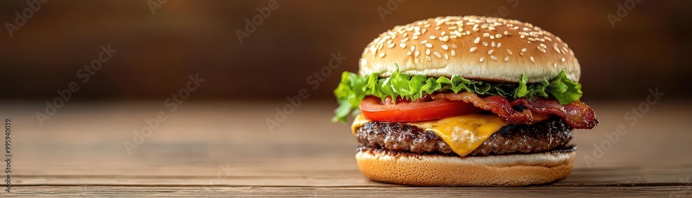 Delicious cheeseburger with lettuce, tomato, and crispy bacon on a sesame bun, perfect for a hearty meal Delicious cheeseburger with lettuce, tomato, and crispy bacon on a sesame bun, perfect for a hearty meal