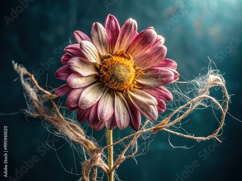 A fragile thread weaves together the delicate petals of a wilting flower, exposed to the harsh elements, symbolizing vulnerability and weakness. photo