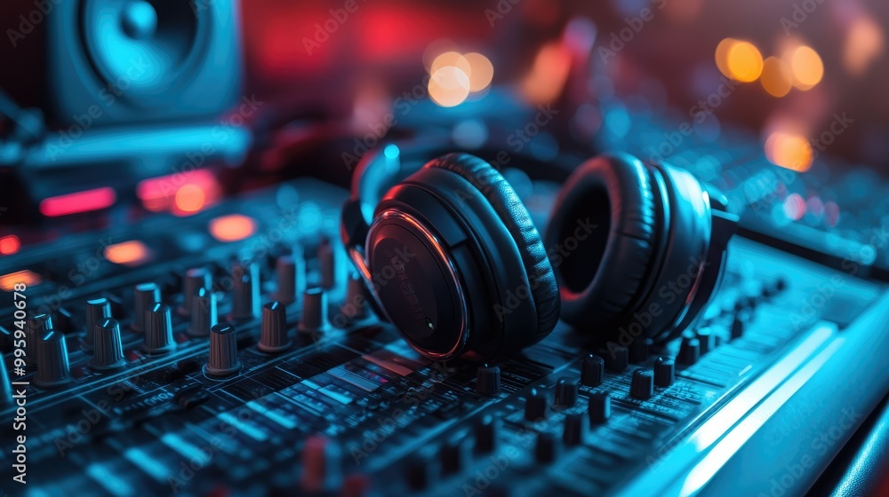 Close-up of a podcasting station, focusing on a mixing console and a pair of studio headphones. Close-up of a podcasting station, focusing on a mixing console and a pair of studio headphones.