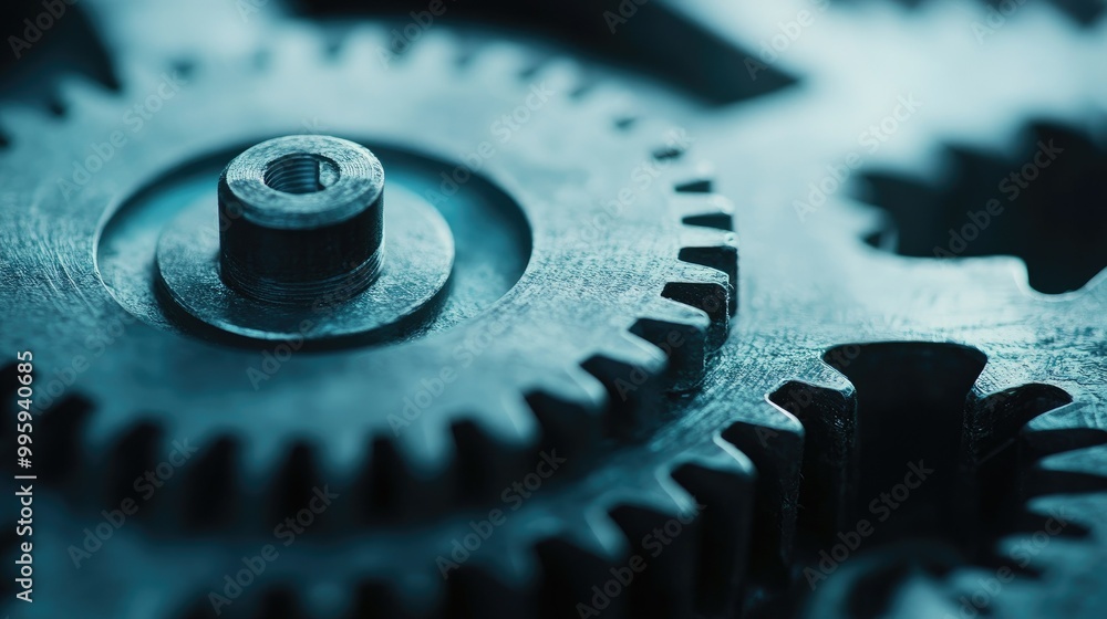 Close-up of a single mechanical gear, symbolizing process management and productivity in industrial and manufacturing settings Close-up of a single mechanical gear, symbolizing process management and productivity in industrial and manufacturing settings