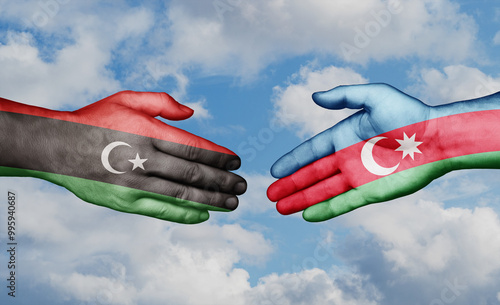 Azerbaijan and Libya country handshaking with flags, consensus concept international co-operation illustration