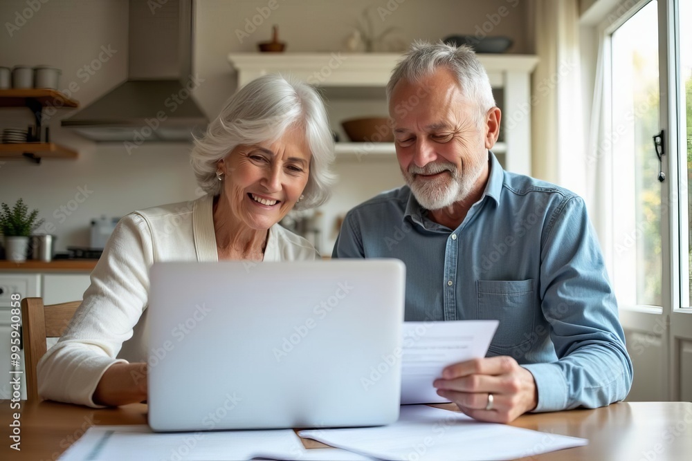 Senior Couple Using Laptop at Home: Elderly Spouses Browsing Internet for Retirement Planning Senior Couple Using Laptop at Home: Elderly Spouses Browsing Internet for Retirement Planning