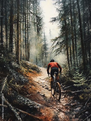 A mountain biker navigates a rugged trail surrounded by tall trees, showcasing adventure and the beauty of nature. photo