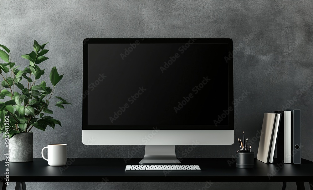 Fototapeta premium A computer monitor sits on a desk with a potted plant and a bookcase