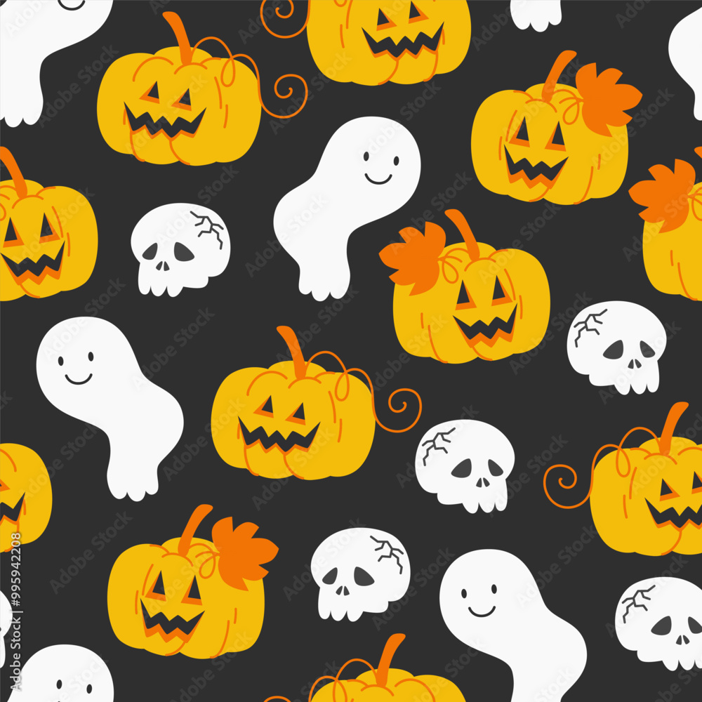 Fototapeta premium Seamless Halloween Pattern with Pumpkin Lanterns and Ghosts on a dark background