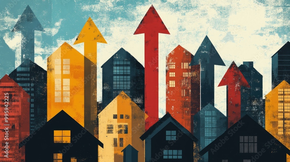 Conceptual illustration of the housing market with residential buildings and market arrows. Conceptual illustration of the housing market with residential buildings and market arrows.