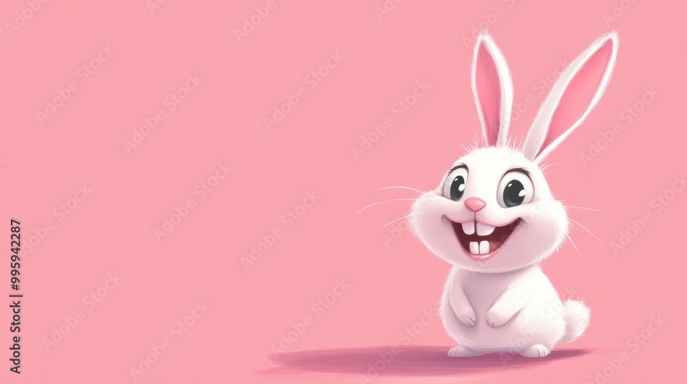 A cartoon rabbit with big teeth and a cheerful expression, standing out on a pastel pink background A cartoon rabbit with big teeth and a cheerful expression, standing out on a pastel pink background