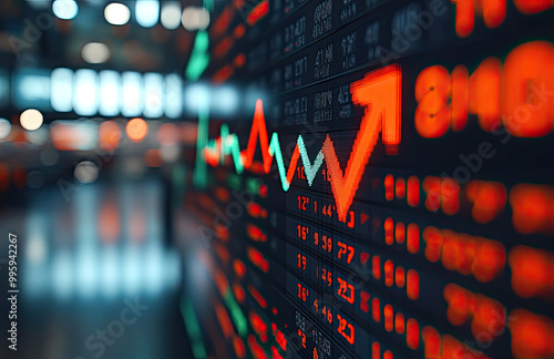  Close-up of stock market charts and numbers on a digital display, with a blurred background and a trading floor in the foreground. Created with Ai