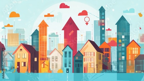 Conceptual illustration of the housing market with residential buildings and market arrows.