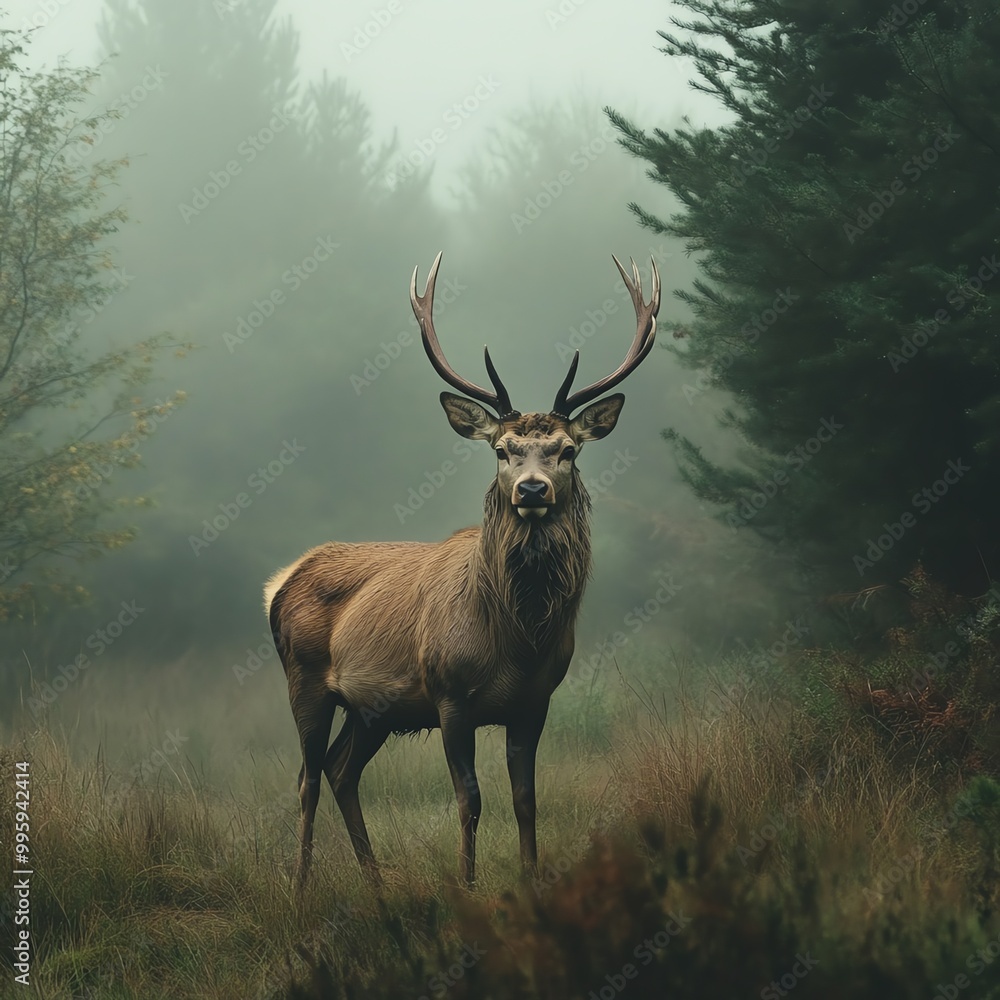 Obraz premium A majestic stag stands proudly in a misty forest, surrounded by trees and greenery, embodying the beauty of nature.