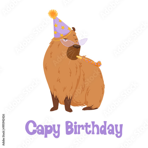 Happy birthday funny capybara. Cartoon capybara character design for mascot, stickers, print, birthday cards. Cute capybara with party hat, party blow. Amusing capibara character