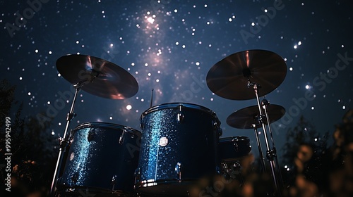 Drum set under a starry sky at night, creating a serene musical atmosphere