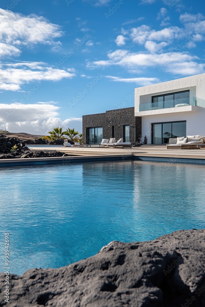 Obraz premium A large house with a pool and a large rock in front of it