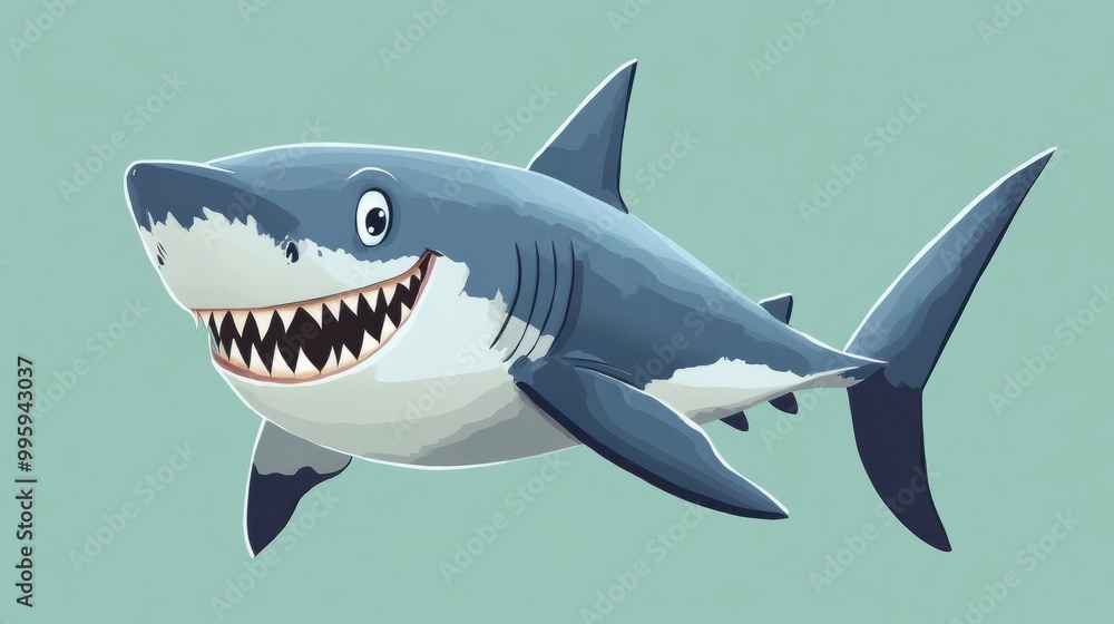 A cartoon shark with sharp teeth but a friendly grin, isolated on a pastel green background A cartoon shark with sharp teeth but a friendly grin, isolated on a pastel green background