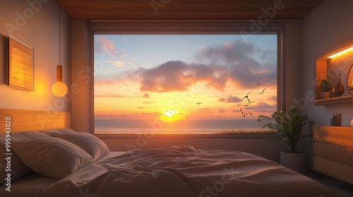 Cozy, minimalist bedroom with soft lighting and a large window showing a peaceful sunset over the horizon.