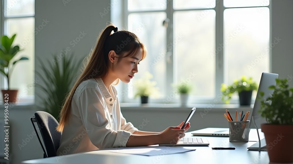 Woman Working with Tablet: Focused Professional in Bright Home Office with Plants Woman Working with Tablet: Focused Professional in Bright Home Office with Plants