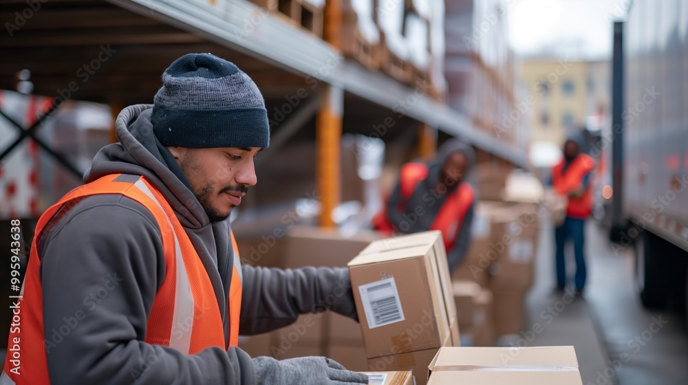 Fototapeta premium Workers load packages in a warehouse, focusing on logistics and distribution tasks.