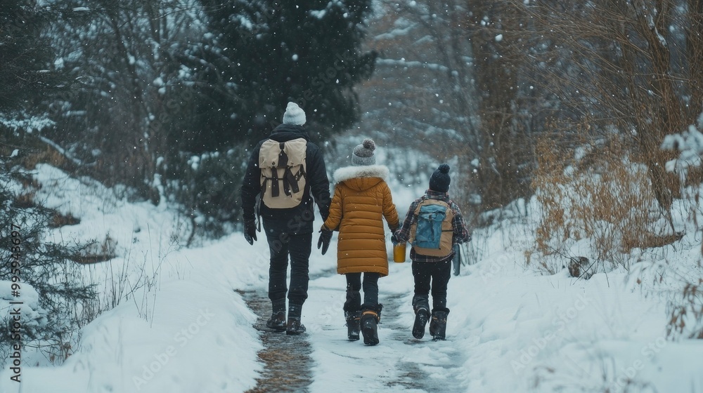 A family enjoying a winter hike, bundled up in stylish winter gear against a snowy trail. A family enjoying a winter hike, bundled up in stylish winter gear against a snowy trail.