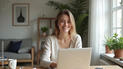 Happy Woman Using Laptop at Home: Cheerful Remote Worker in Bright Living Room with Plants and Modern Decor Free Download Happy Woman Using Laptop at Home: Cheerful Remote Worker in Bright Living Room with Plants and Modern Decor - GFXLoad